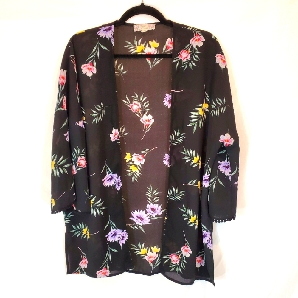 Pink Republic sheer black floral print Kimono size medium